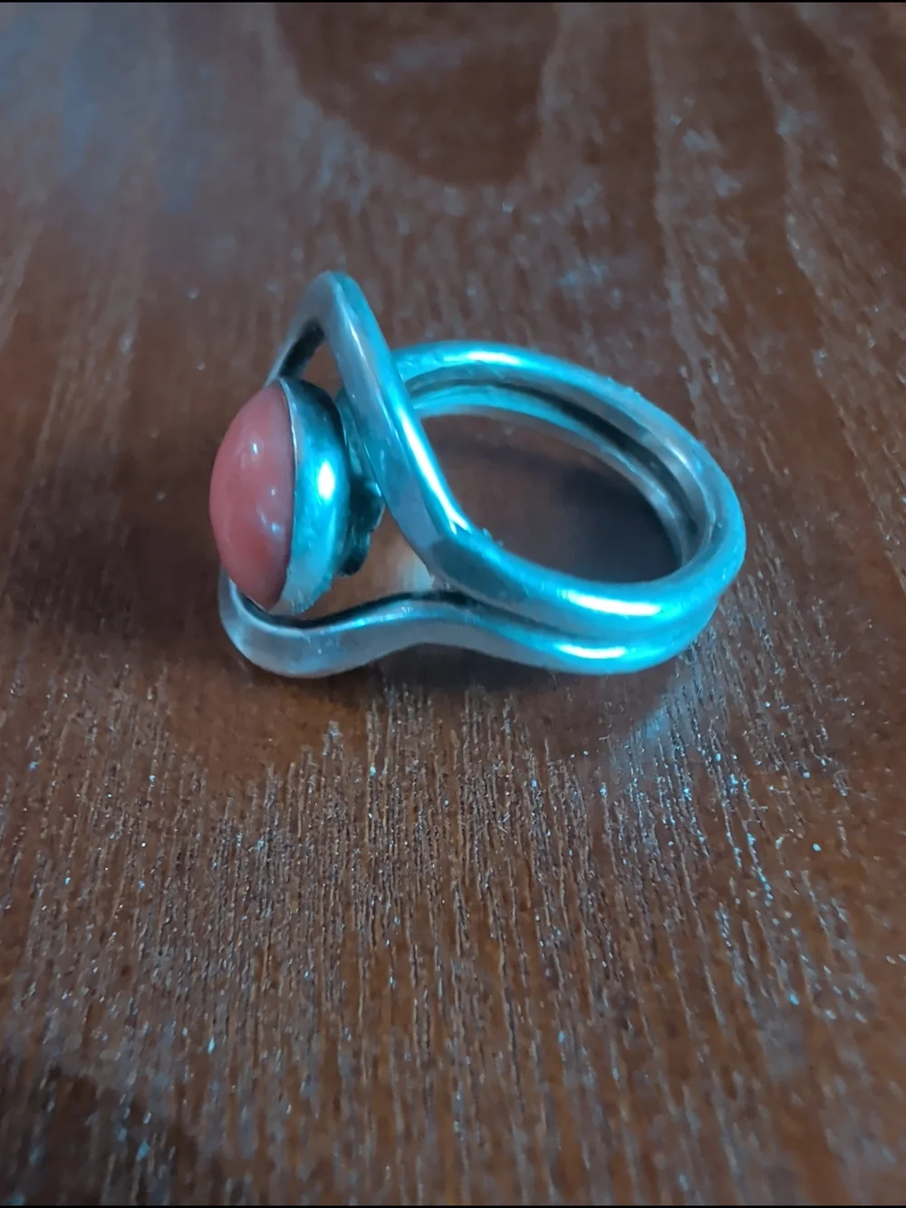 Coral Cabochon Sterling Ring. Semi Adjustable Size 5.75-6.75